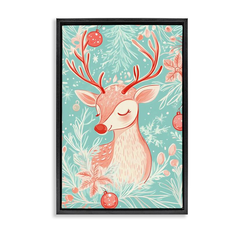 Stupell Pink & Blue Vintage Reindeer Framed Floater Canvas Wall Art Design By Arlington Prints - 17 x 25 - Black