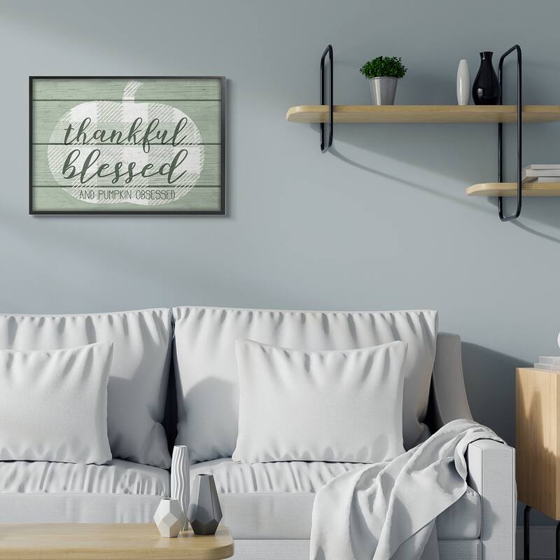 Stupell Green Thankful Blessed Pumpkin Harvest Phrase Framed Wall Art