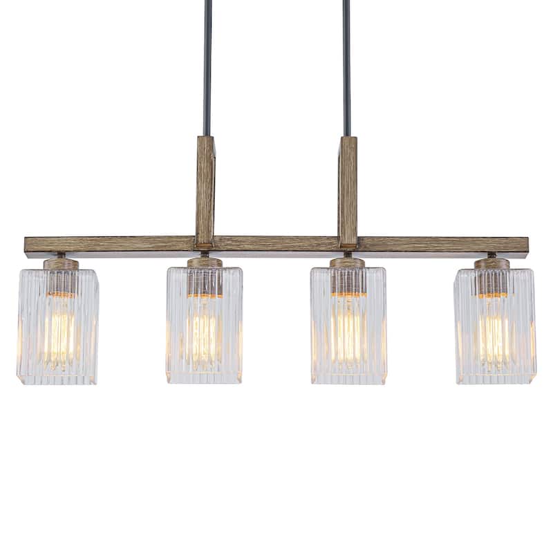 4-Light Faux Wood Linear Island Chandelier with Ribbed Glass Shades - Dia.30.51-in