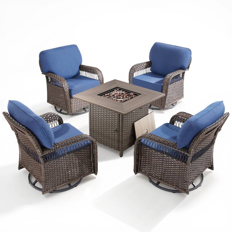 Pocassy Outdoor Sofa Ottoman Swivel Chair Table with Fire Table Funiture Set.