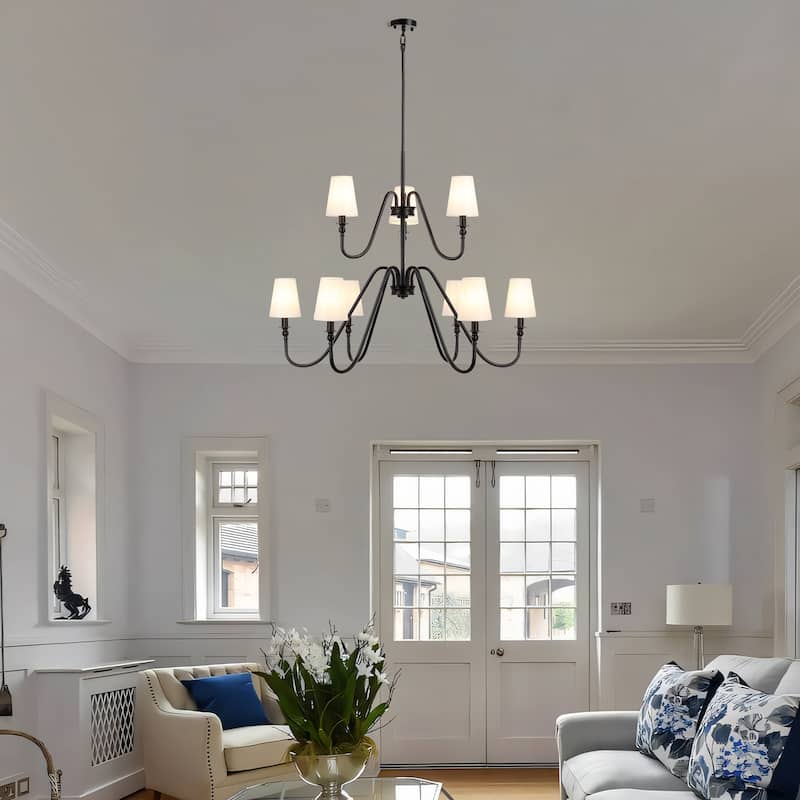 9-light 43" Wide Classic Candle Design Beige Fabric Shaded Chandelier with 2-Tier - Matte Black