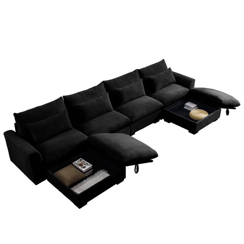 GDFStudio - Winslow Corduroy 4 Seater Sofa Couch with 2 Storage Ottomans and Pillows