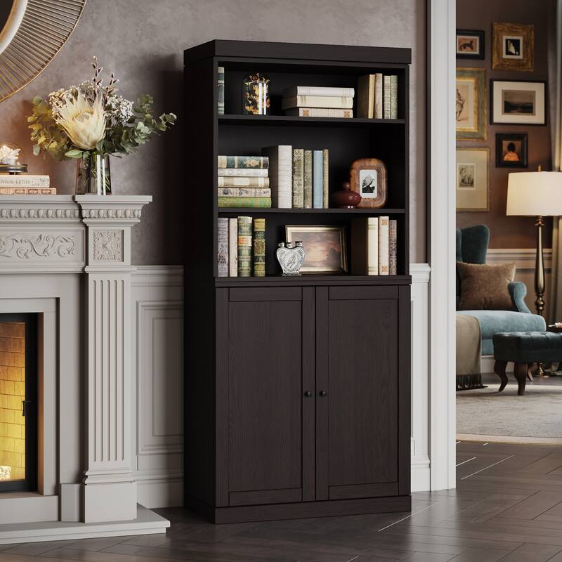 Palace Imports Premium 100% Solid European Oak Hardwood 6-Shelf Modular Bookcase with Bottom Shaker Doors - 32" Wide, 71.5" Tall - Espresso-Oak