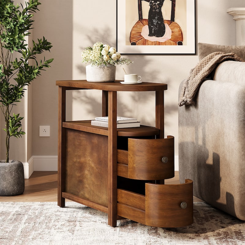 Solid Wood End Side Table with 2 Drawers, Fully Assembled