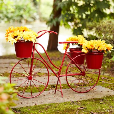 Glitzhome 29"L Spring Oversized Metal Bicycle Planter Stands Garden Flower Pot Cart