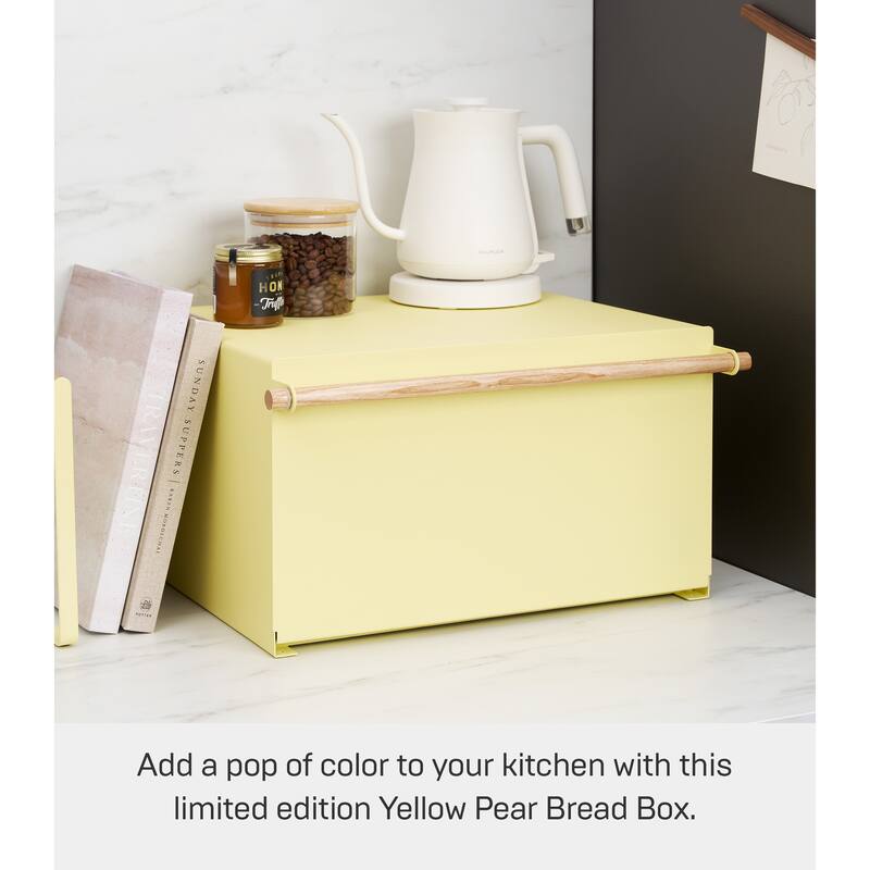 Yamazaki Home Bread Box - Two Styles, Steel and Wood, Horizontal, Holds 22.2 lbs - L 14.37 x W 16.93 x H 9.45 inches