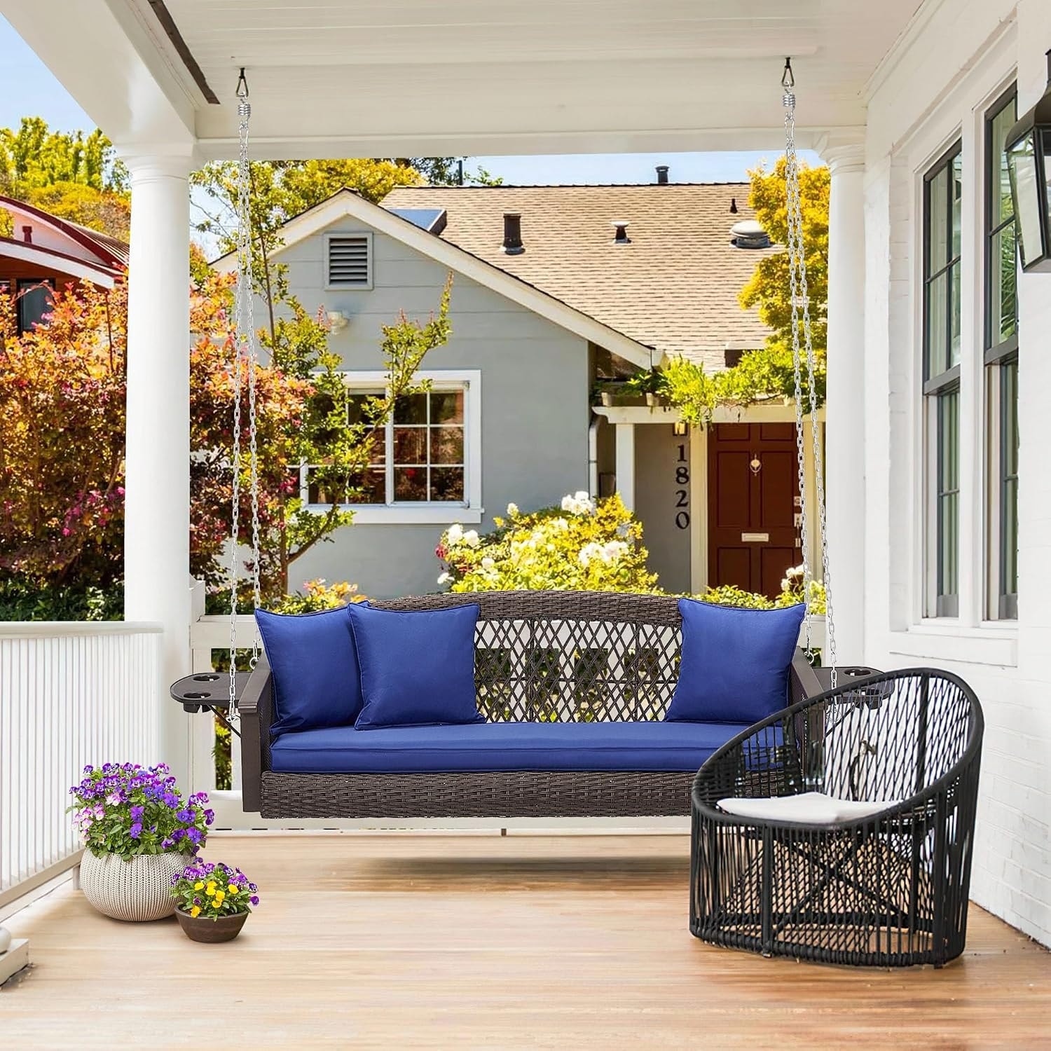 3-Seat Outdoor Porch Swing with Cushions, 900 LBS Capacity, Hanging Chains for Deck, Backyard, Lawn