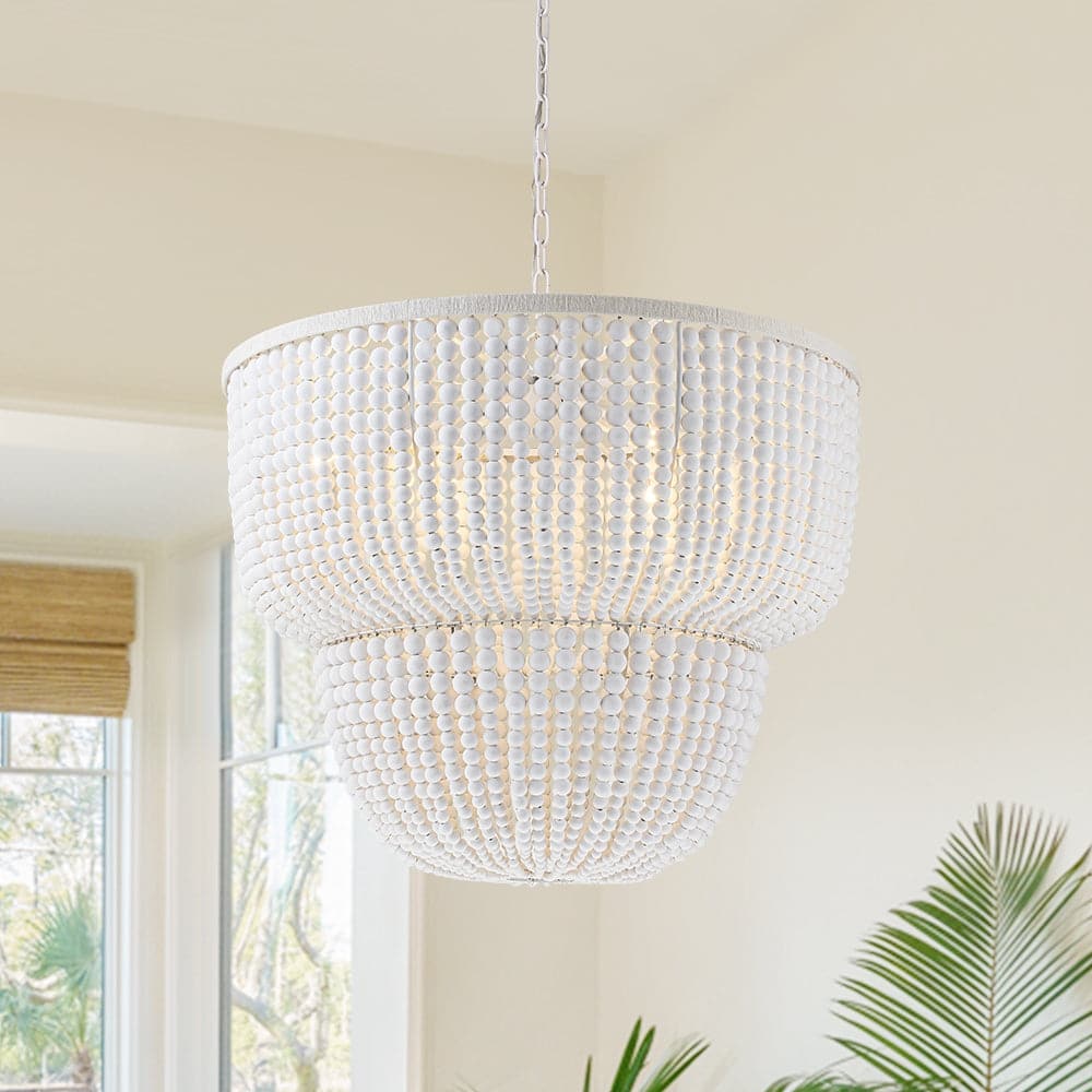 6-Light Oversized Dual-tier Wood Beads Falls Chandelier - 30.3 in