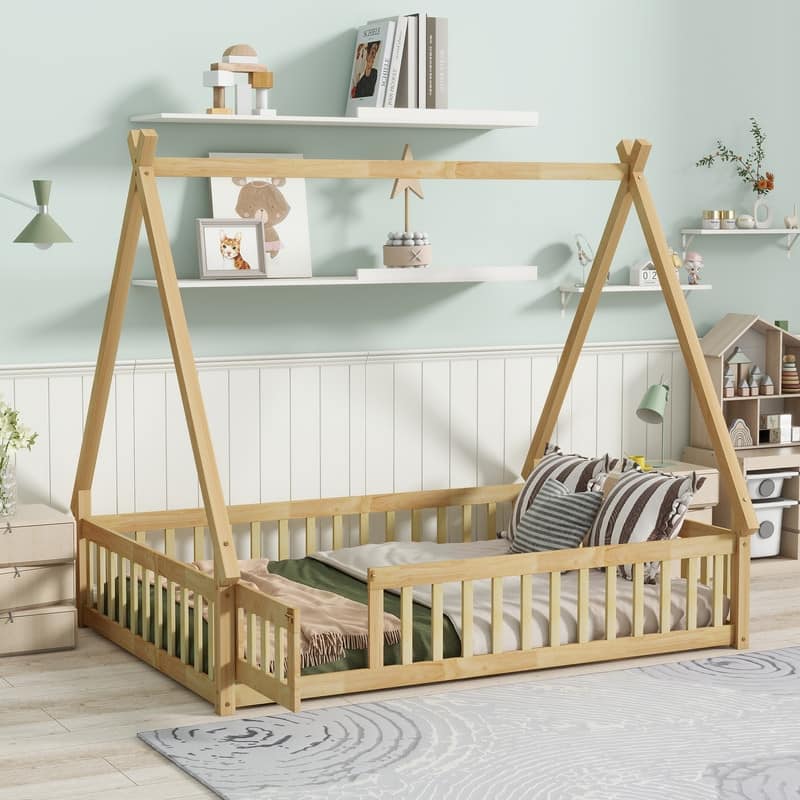 Full Size Rubber Wood Tent-shaped Floor Bed with Guardrails,Slats and Door