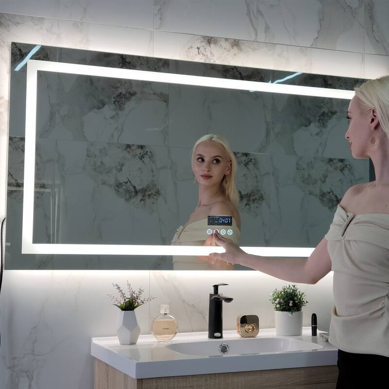 Smart LED Illuminated Fog-free Large Bathroom Mirror with Bluetooth Speakers, Digital Display - 72" x 32" Rectangular