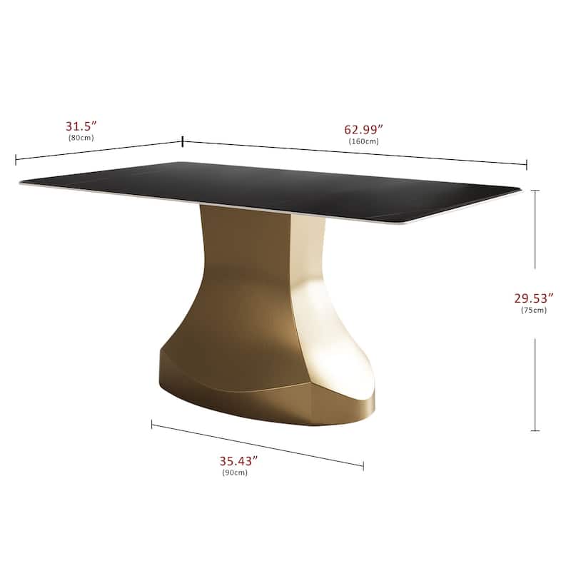 Modern Rectangle Tabletop Titanium Stainless Steel Pedestal Dining Table - 6 Seats - Black