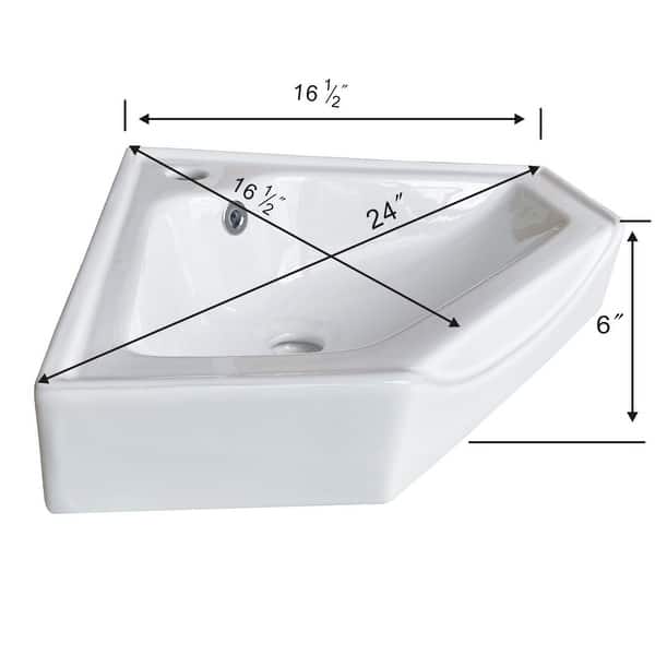 Corner Wall Mount Sink 24" Alexander II White Modern Sink with Overflow