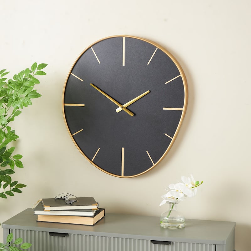 Wooden Wavy Decorative Wall Clock with Gold Hands and Markers - Black - Roche River Decor