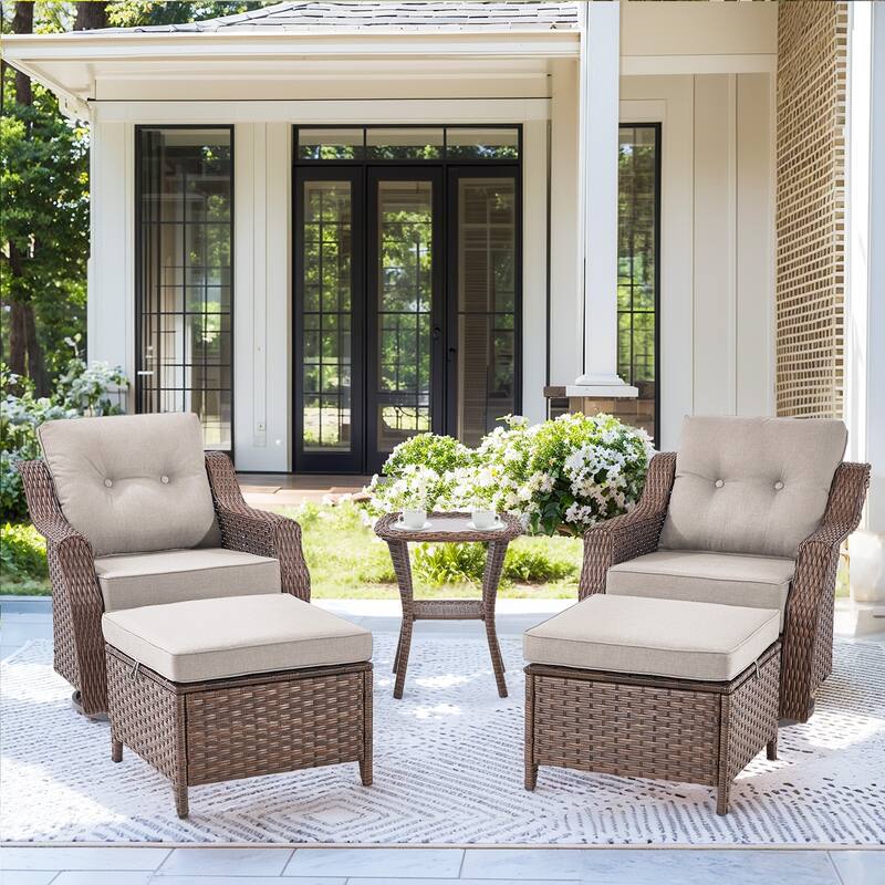 3 Pieces Swivel Chairs Ottomans with Glass Side Table - Beige - Brown