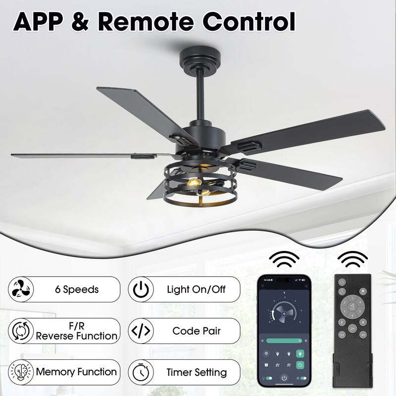 Vaczon 52" Industrial Reversible Wood 5-Blade Black Ceiling Fan with Light and APP Control
