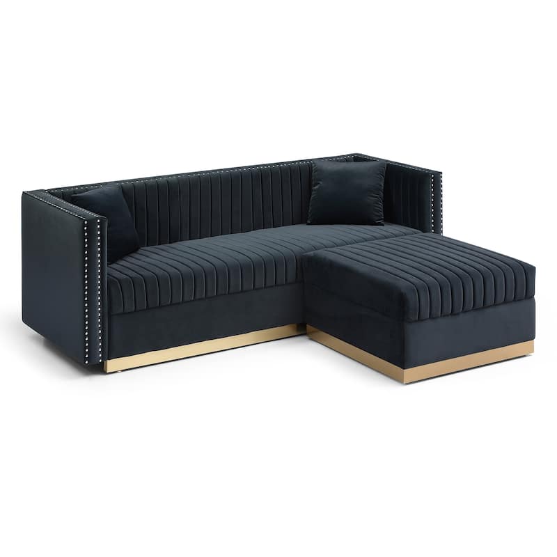 Vertical Channel Tufted Velvet Sectional Sofa, L-Shaped Upholstered Corner Couch with Ottoman and 4 Pillows, Nailhead Trimming