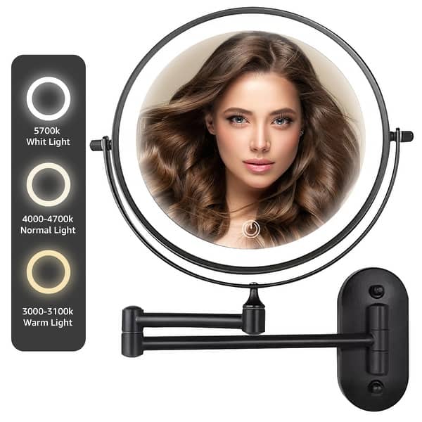slide 2 of 9, Yulika Rechargeable Lighted Wall Mounted Makeup Mirror with 3 Color Lights Double Sided 1X/10X or 1X/7X Black-10X