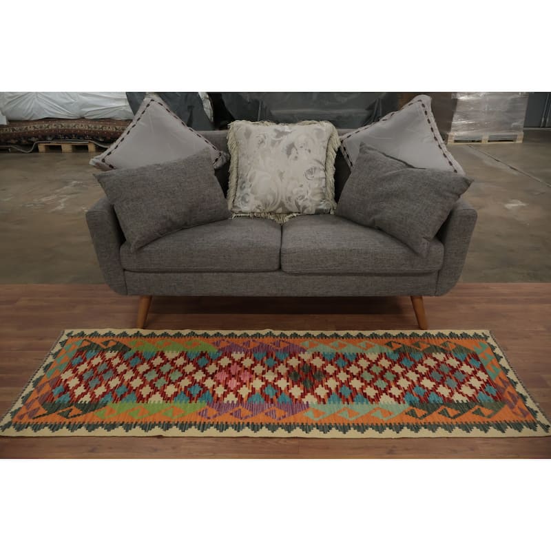 Hand Woven Oriental 100% Wool Carpet Southwestern Geometric Oranges & Rust Kilim Runner Rug - 6' 6'' X 2' 3''