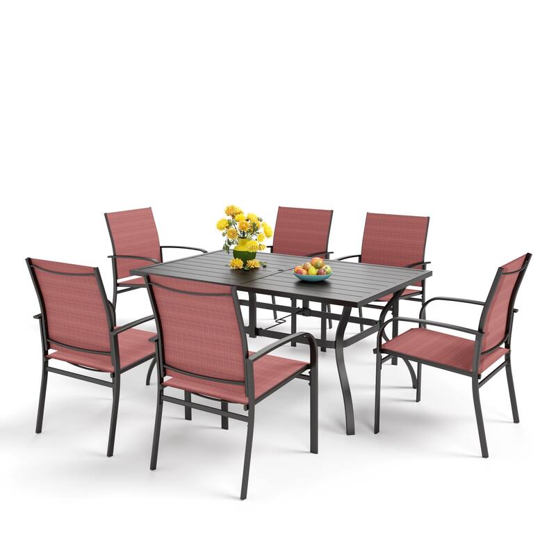 MAISON ARTS 7-Piece Patio Dining Set Metal Rectangle Table and 6 Textilene Dining Chairs