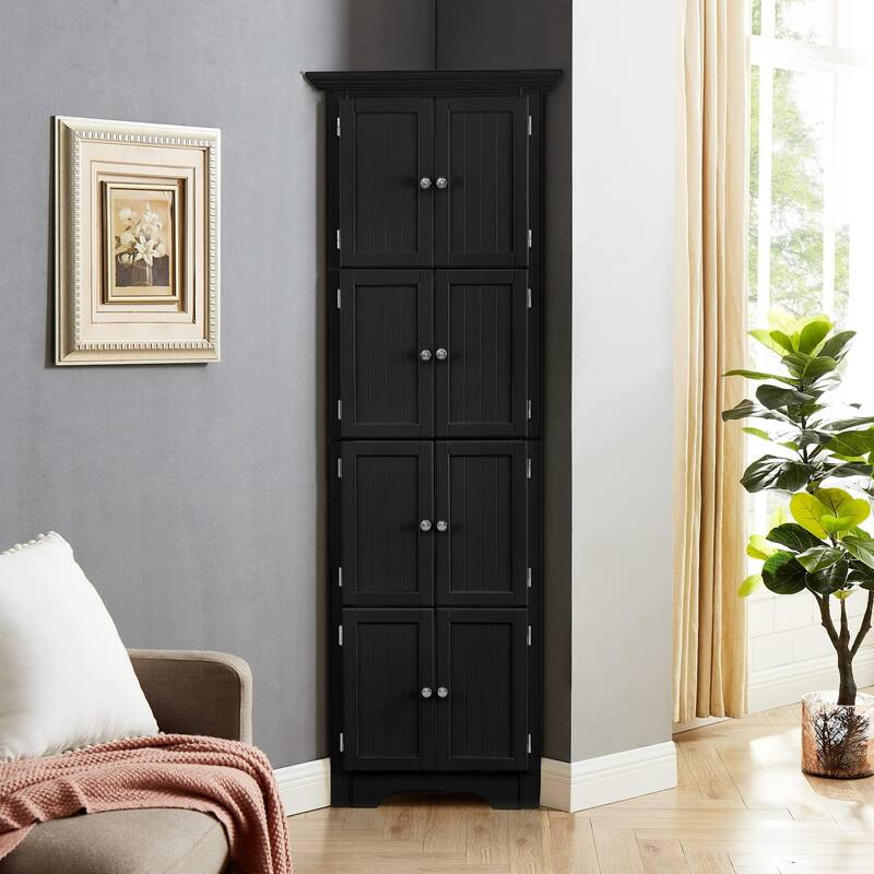 4-Shelf Tall Storage Cabinet with Flat Panel Doors, Freestanding MDF Unit for Living Room, Kitchen, Bathroom - Black
