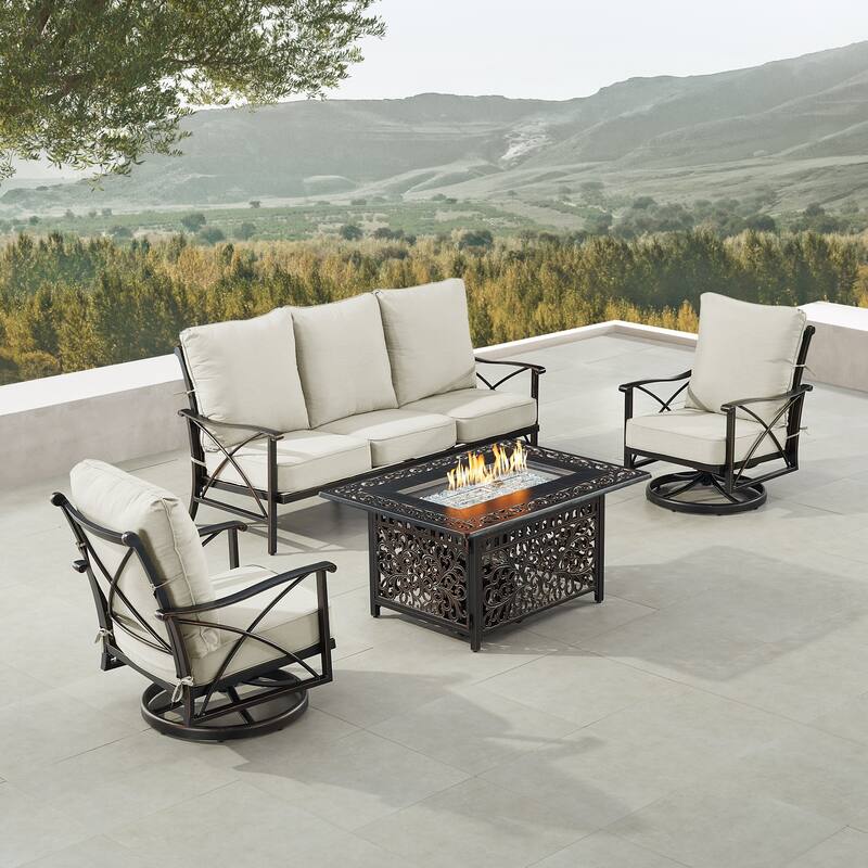 Black Aluminum Fire Table Set with Sofa and Two Club Chairs - Light Grey