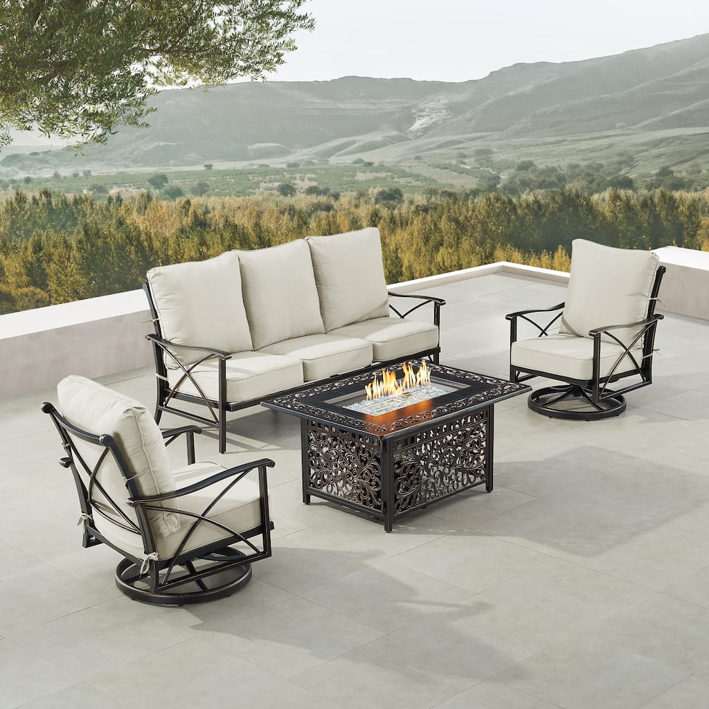 Black Aluminum Fire Table Set with Sofa and Two Club Chairs