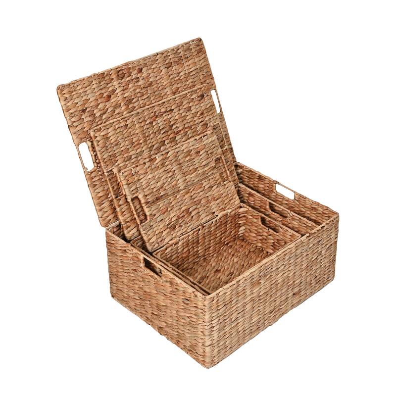 Woven Rectangular Storage Baskets with Lids & Handles (Set of 3)