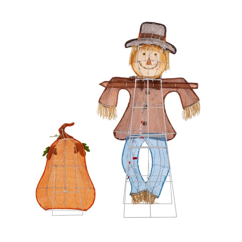 Glitzhome 4ft Set of 2 Lighted Fall Scarecrow & Pumpkin Outdoor Decor