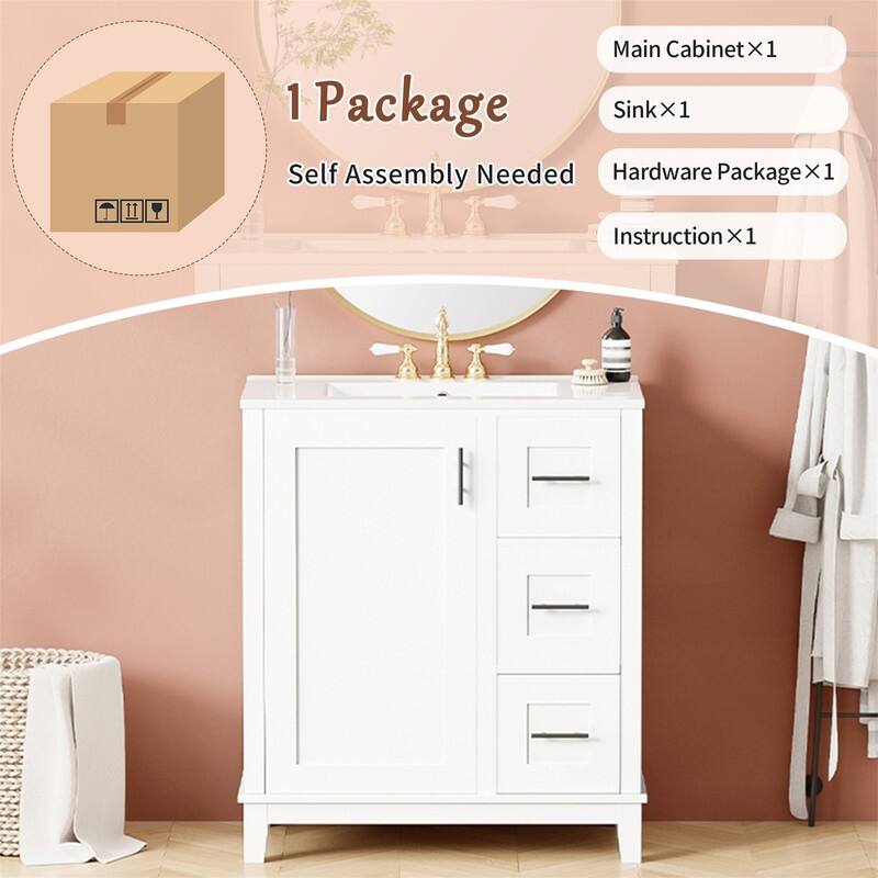 30'' Bathroom Vanity with Ceramic Sink, Freestanding Bathroom Vanity Cabinet with 3 Drawers, 1 Soft Close Door and Storage Rack