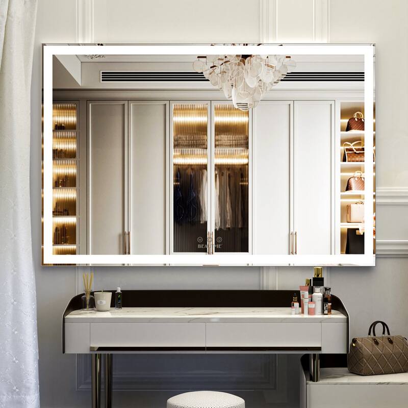 60 in. W x 40 in. H Large Rectangular Framed Anti-Fog Wall Mounted LED Bathroom Vanity Mirror - Silver