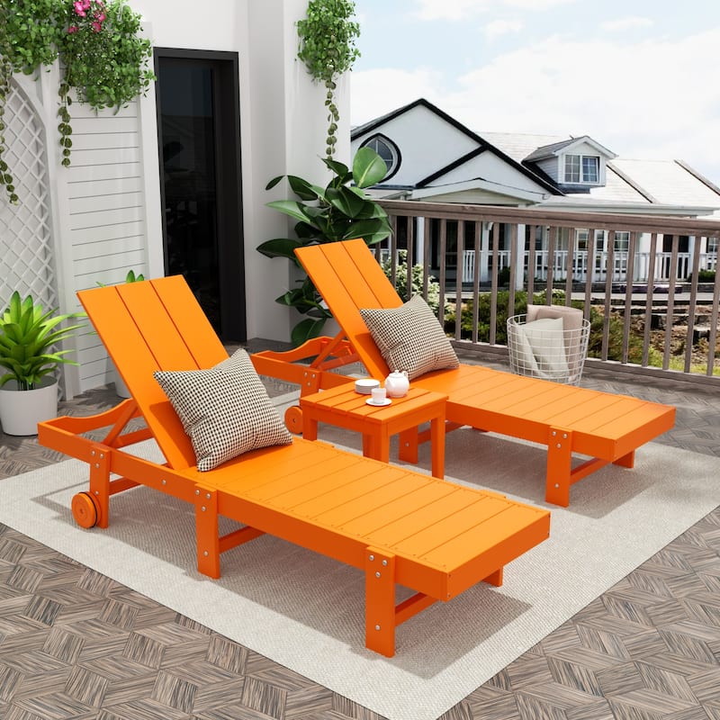 Polytrends Shoreside Modern Poly Eco-Friendly All Weather Reclining Pool Chaise Lounge With Wheels and Side Table (3-Piece Set)