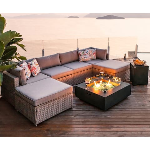 COSIEST 8-Piece Outdoor Furniture Sofa with Green Fire Pit Set