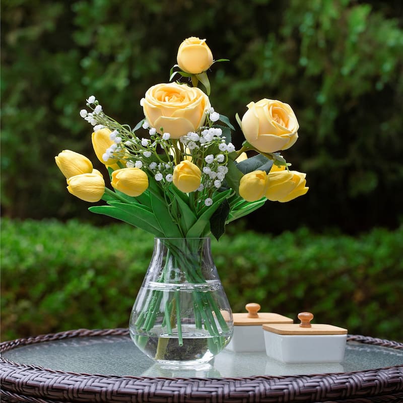 Mixed Rose and Tulip Flower Arrangement in Clear Glass Vase with Acrylic Water for Home Wedding Decoration - Yellow