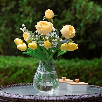 Mixed Rose and Tulip Flower Arrangement in Clear Glass Vase with Acrylic Water for Home Wedding Decoration