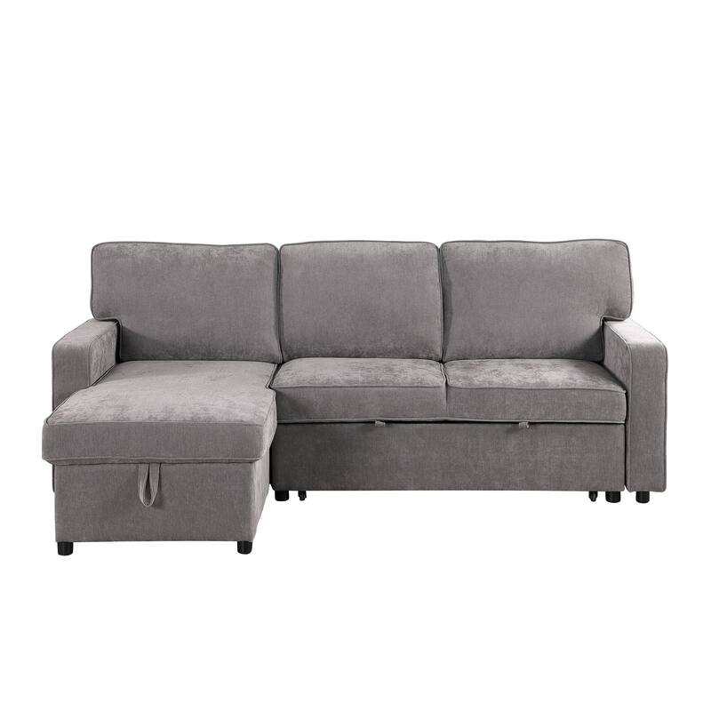 Chenille L-shaped Sectional Sofa with Pull Out Sleeper Bed, Reversible Storage Chaise, Folding Cup Holders and Charging Station