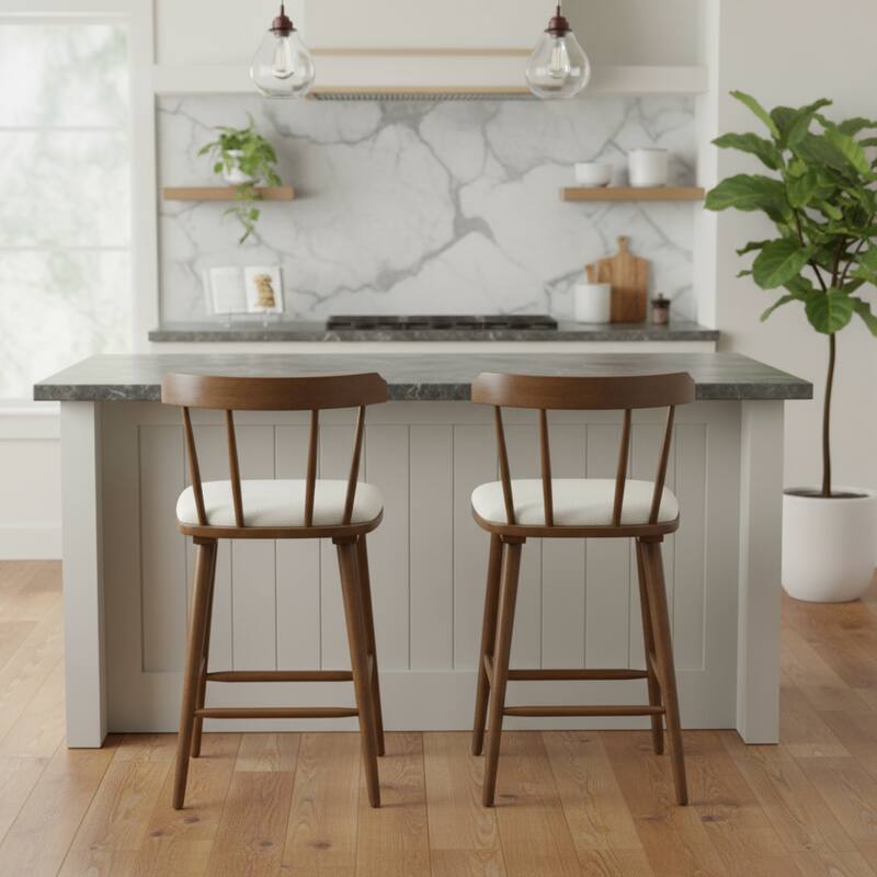 Roomfitters Olivia Indoor Windsor Style Counter Stools with Cushion, Walnut Finish - Set of 2