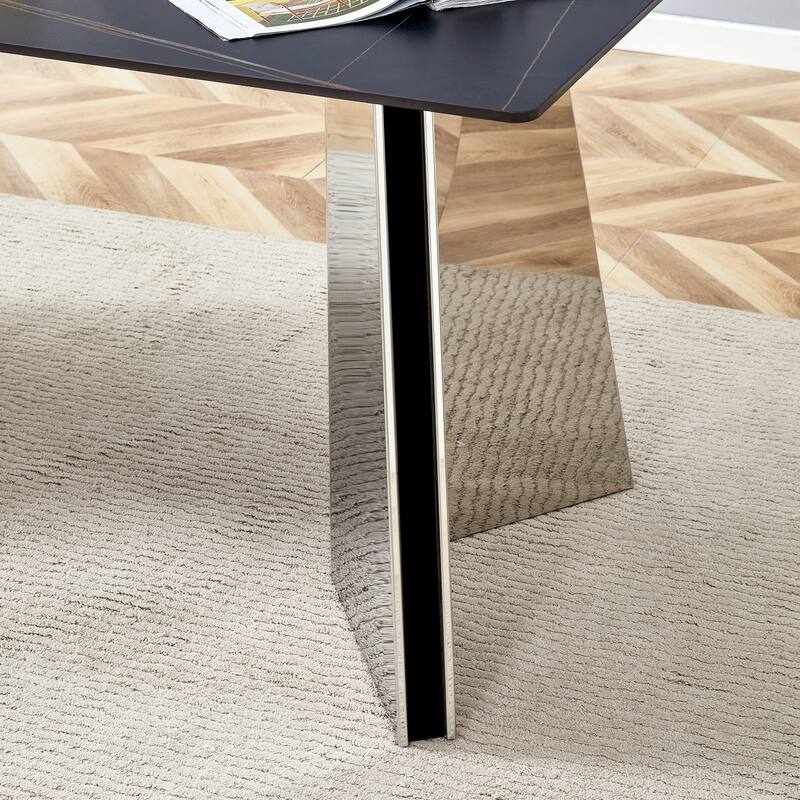 Modern Style Dining Set with Rectangular Stainless Steel Butterfly Legs Table and Vertical Stripe Dining Chairs