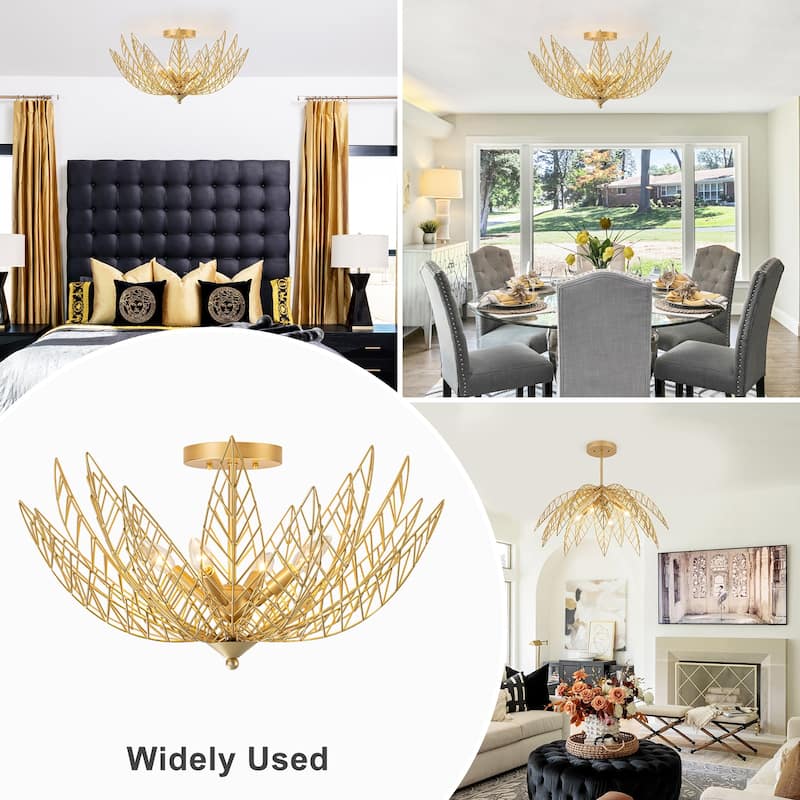 4 Lights Dual Semi-Flush Mount Ceiling Light Leaf Shaped Shades - Dia.26-in