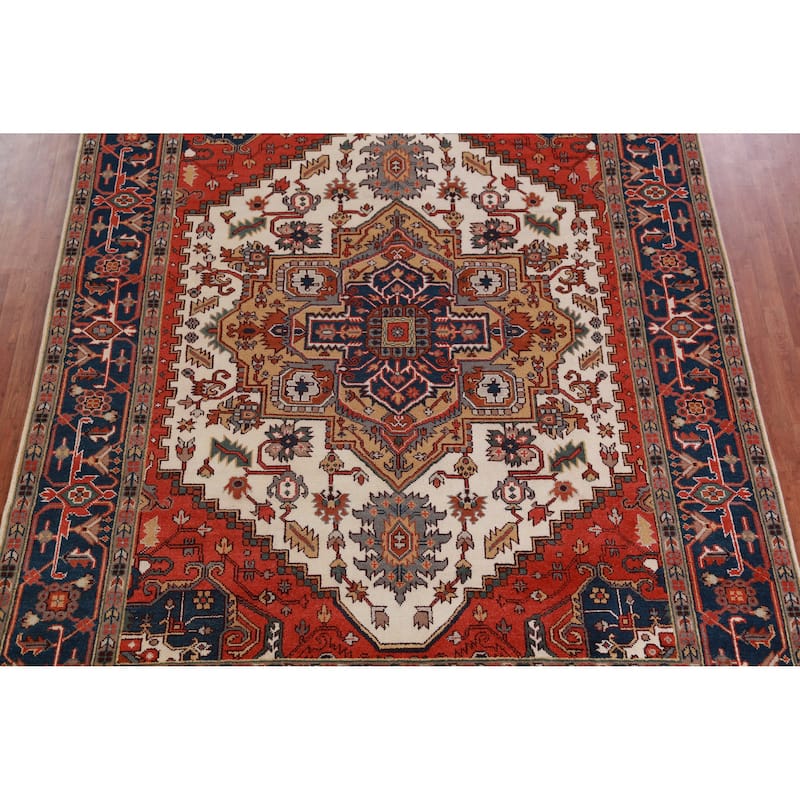 Hand Knotted Oriental 100% Wool Carpet Traditional Medallion Beige & Ivories Heriz (serapi) Area Rug - 11' 10'' X 8' 10''