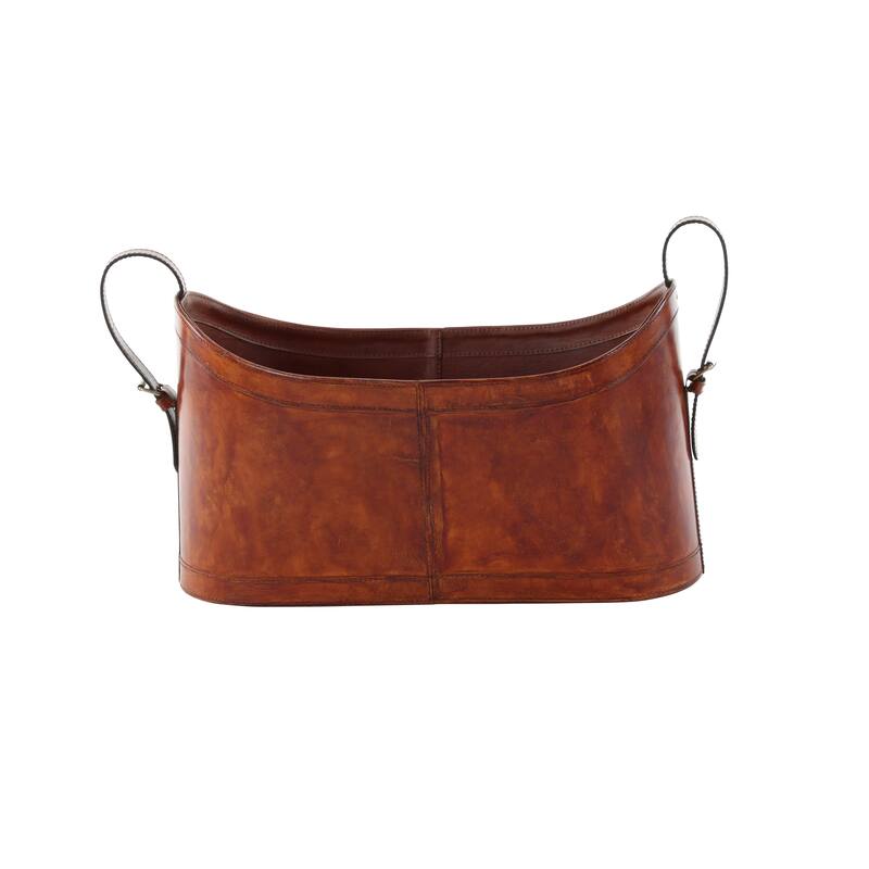 Brown Leather Handmade Box Style Single Slot Magazine Holder with Detail Stitching and Curved Handles