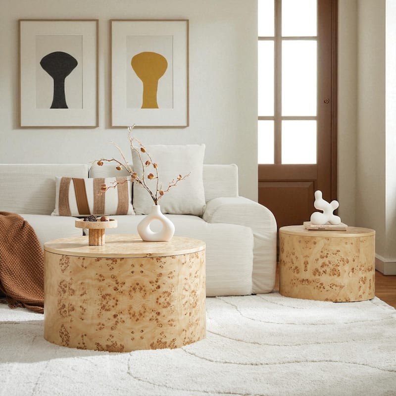 Nested Round Coffee Table Set, 2-Piece Burl Wood Veneer Storage Tables with Adjustable Feet, Modern MDF