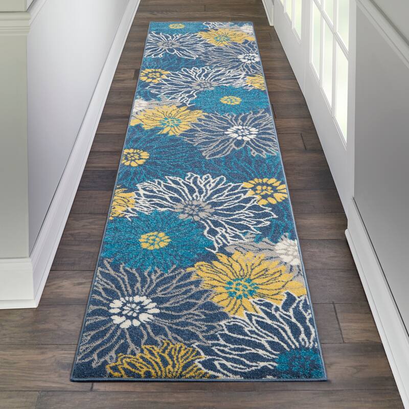 Nourison Passion Abstract Modern Floral Area Rug - 2'2" x 10' Runner - Blue/Yellow