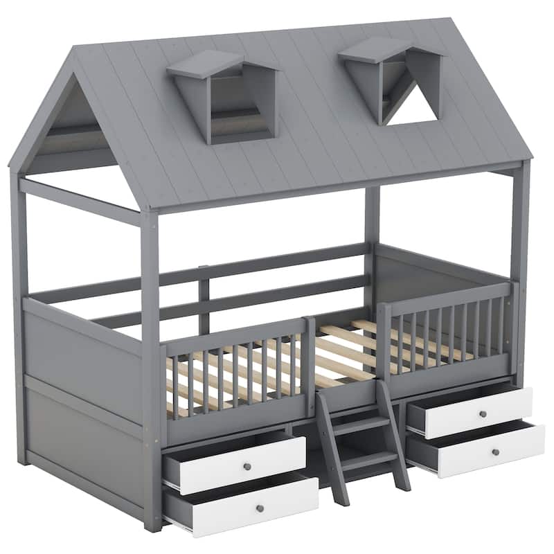 Gray Twin Size Wood House Bed with Fence & Roof