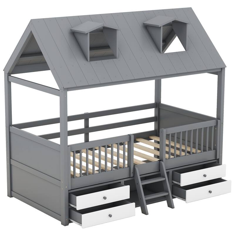 Twin/Full Size Wooden Platform Bed with 4 Drawers and Shelf, Pinewood House Bed Frame with Roof Skylights and Guardrail
