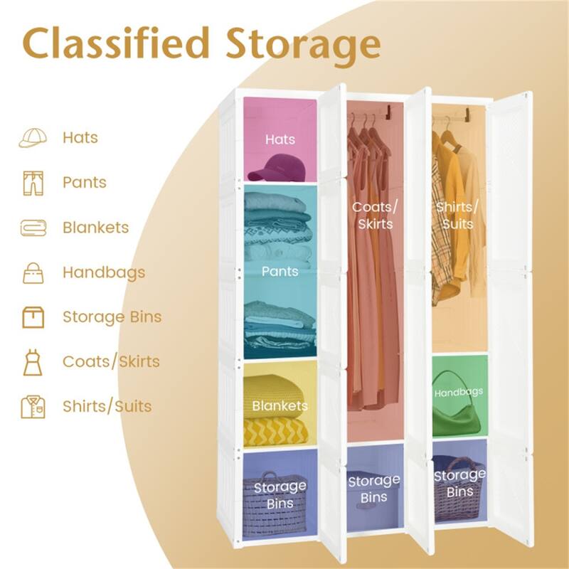 White PP and ABS Foldable Portable Closet with 10 Cubbies, Rods and Magnet Doors - 40.9" x 19.7" x 66.9" (L x W x H)