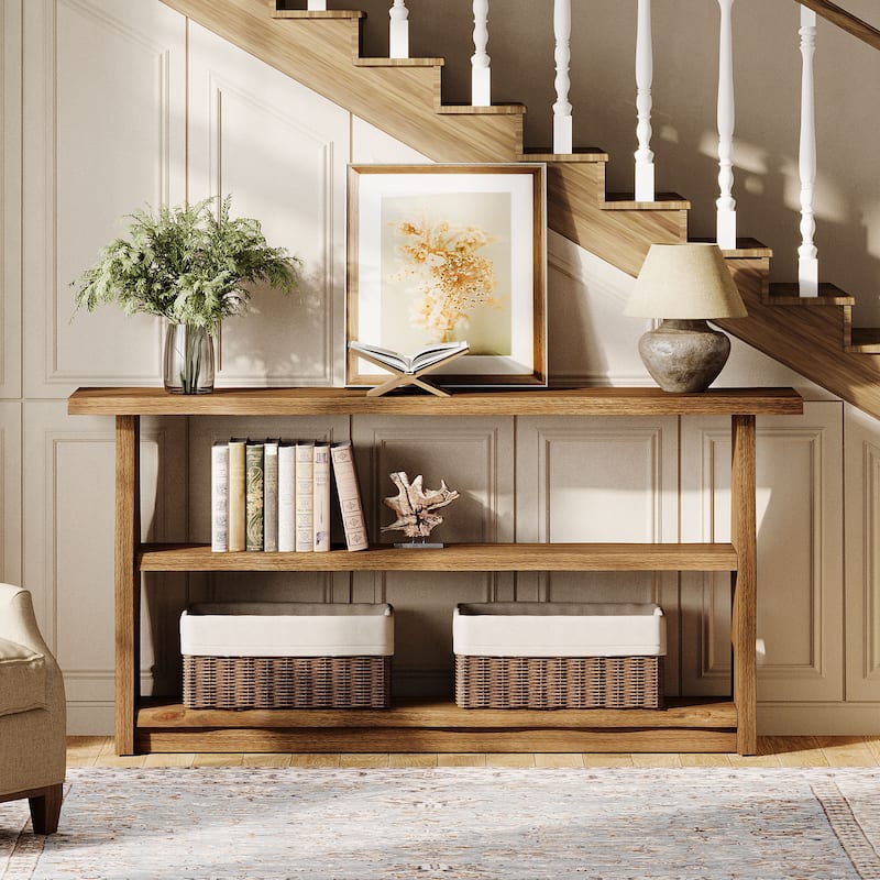 63 Inch Solid Wood Console Table with 3 Tier Storage Shelves, Sofa Table Behind Table for Living Room, Entryway