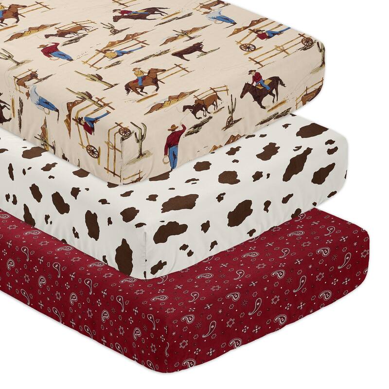 Sweet Jojo Designs Tan Brown Red Western Cowboy Boy 3 Pack Fitted Crib Sheets Wild West Horse Horseshoe Cow Animal Bandana Plaid