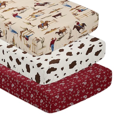 Sweet Jojo Designs Tan Brown Red Western Cowboy Boy 3 Pack Fitted Crib Sheets Wild West Horse Horseshoe Cow Animal Bandana Plaid