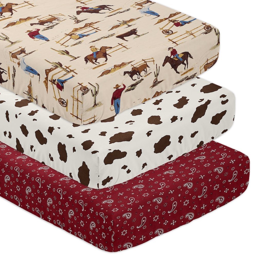 Sweet Jojo Designs Tan Brown Red Western Cowboy Boy 3 Pack Fitted Crib Sheets Wild West Horse Horseshoe Cow Animal Bandana Plaid