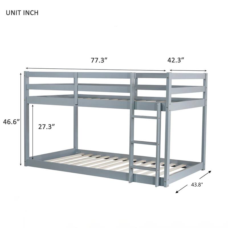 Wooden Twin over Twin Floor Bunk Bed with Ladder ,Upper and Bottom Bed Platforms